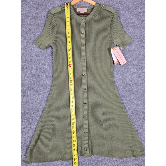French Connection Olive Ribbed Button Front Short Sleeve Sweater‎ Dress Medium - Picture 3 of 9